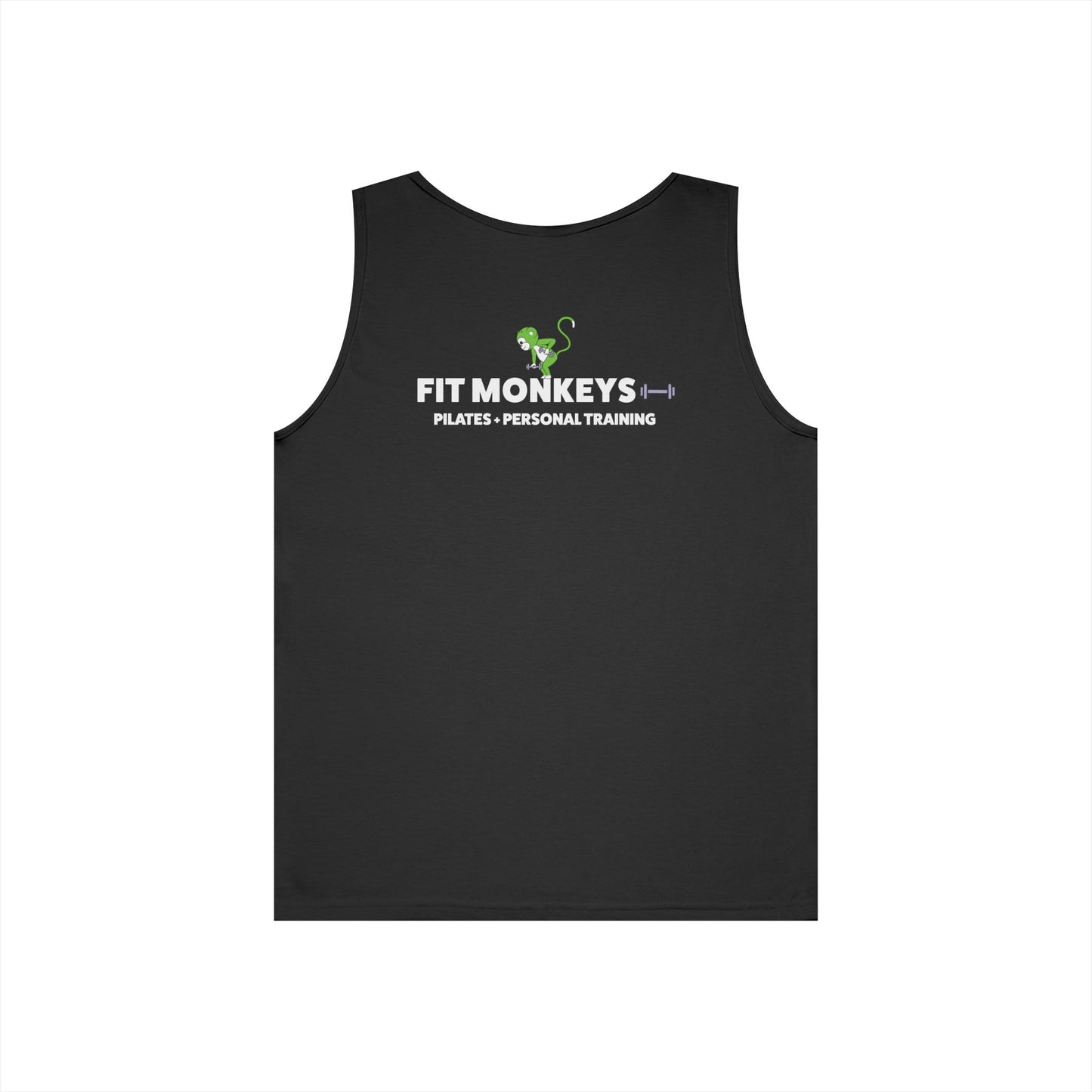 Fit Monkeys Gildan Unisex Heavy Cotton Tank Top - Row Monkey front left, Logo and row monkey on the back
