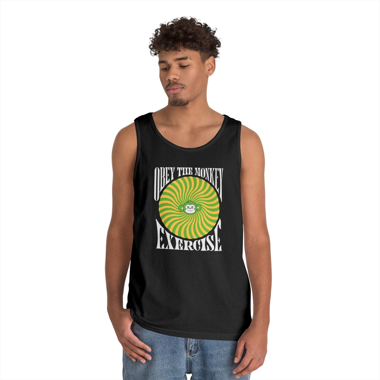 Obey the Monkey Tank in the front, Logo no heart in the back - Unisex Heavy Cotton Tank Top