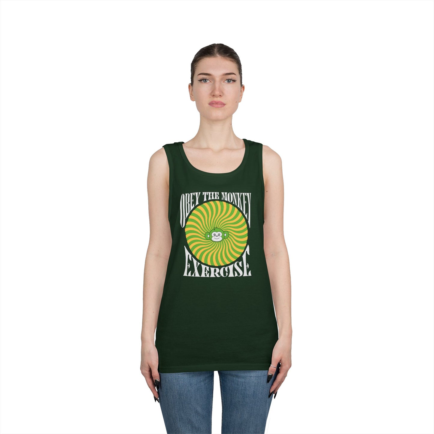 Obey the Monkey Tank in the front, Logo no heart in the back - Unisex Heavy Cotton Tank Top