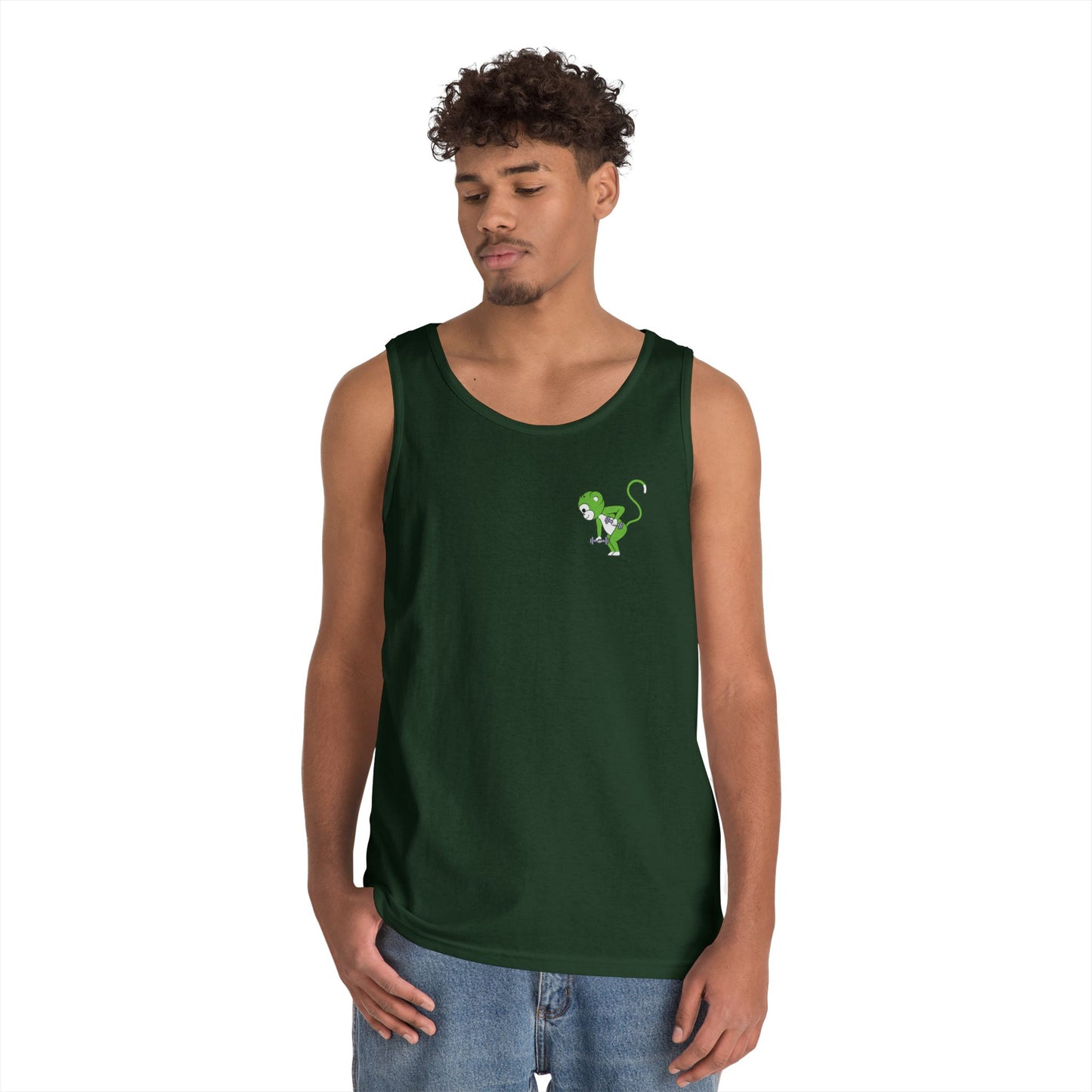 Fit Monkeys Gildan Unisex Heavy Cotton Tank Top - Row Monkey front left, Logo and row monkey on the back