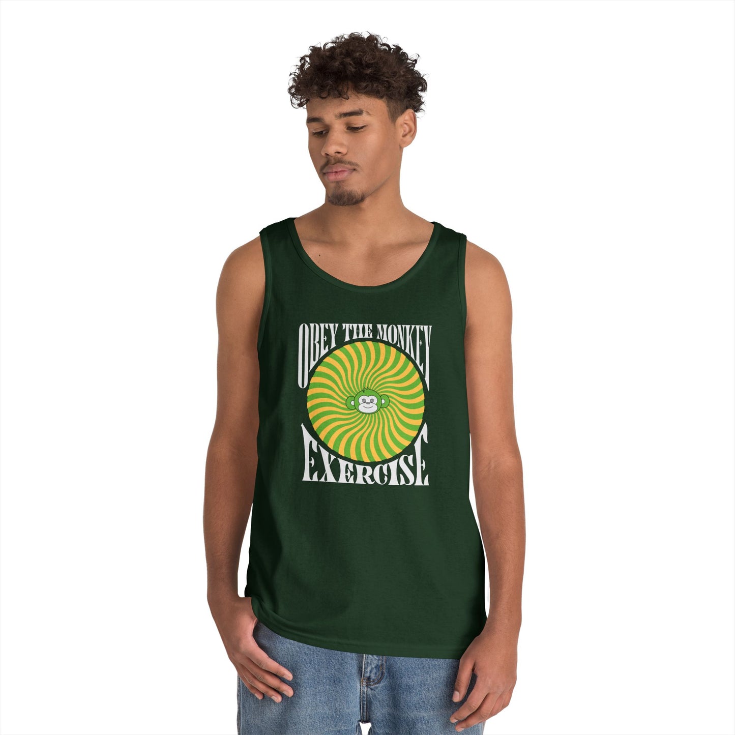 Obey the Monkey Tank in the front, Logo no heart in the back - Unisex Heavy Cotton Tank Top