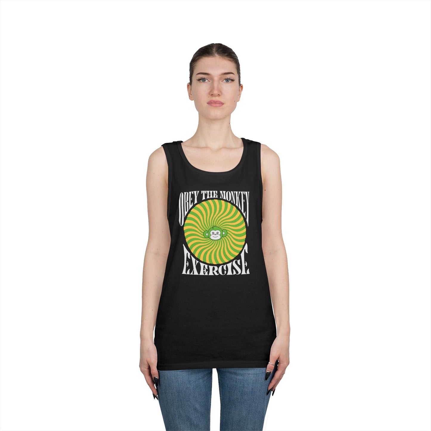 Obey the Monkey Tank in the front, Logo no heart in the back - Unisex Heavy Cotton Tank Top