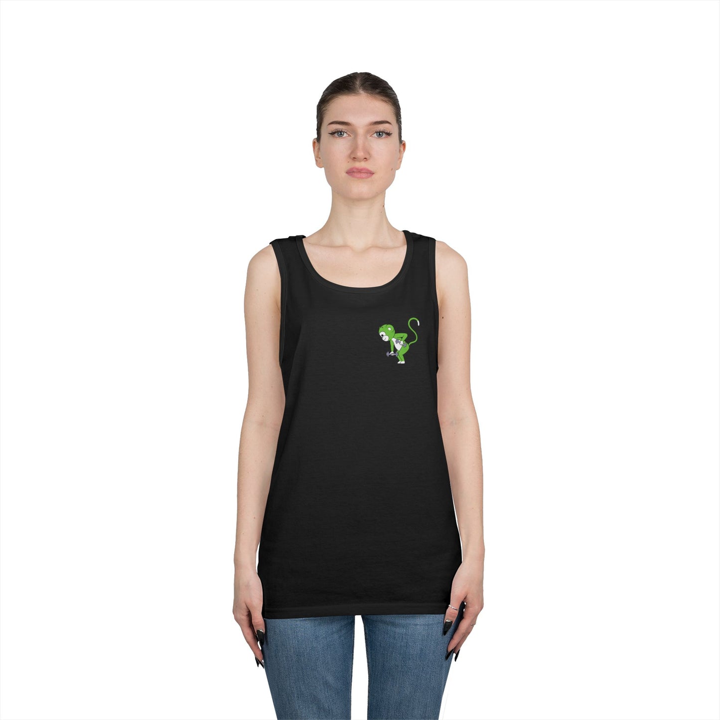 Fit Monkeys Gildan Unisex Heavy Cotton Tank Top - Row Monkey front left, Logo and row monkey on the back