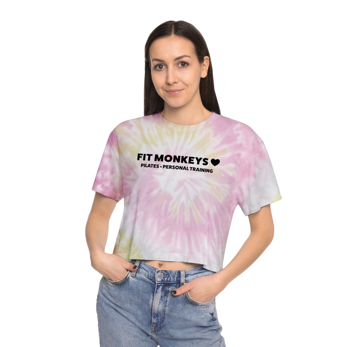 Fit Monkeys - Women's Tie-Dye Crop Tee - Logo on front, Strong Glute Club on the back